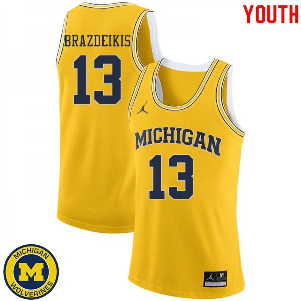 Youth Michigan Wolverines #13 Ignas Brazdeikis Yellow Jordan Brand NCAA Basketball Jersey